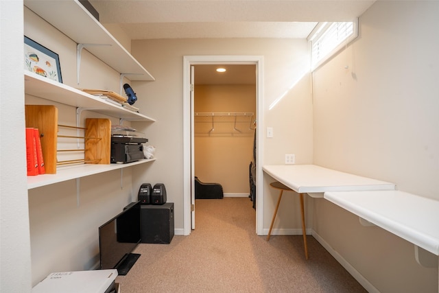 spacious closet featuring light carpet