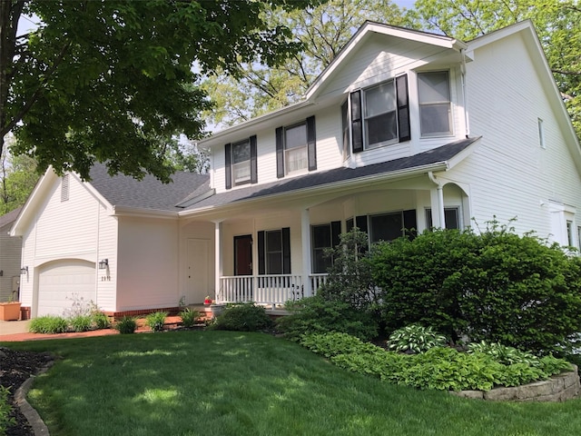 view of front of home featuring a porch, an attached garage, and a front lawn