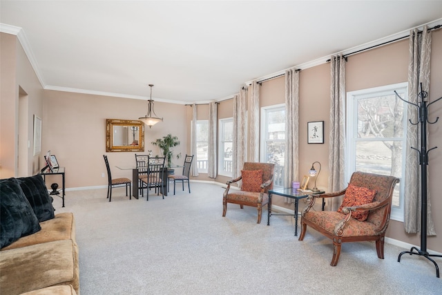 carpeted living room featuring crown molding and baseboards