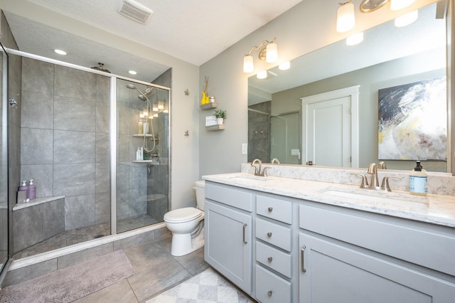 bathroom featuring visible vents, a stall shower, toilet, and a sink