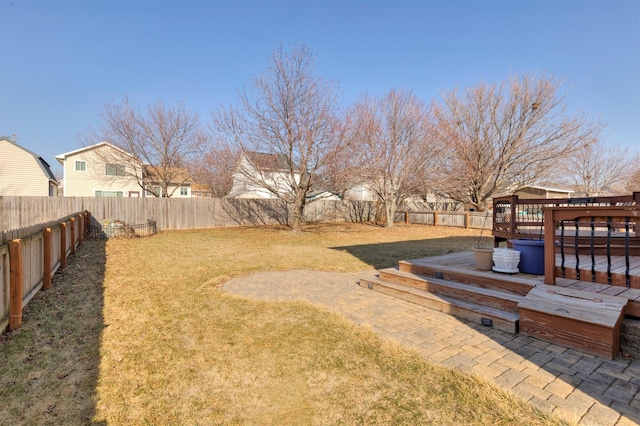 view of yard with a wooden deck and a fenced backyard