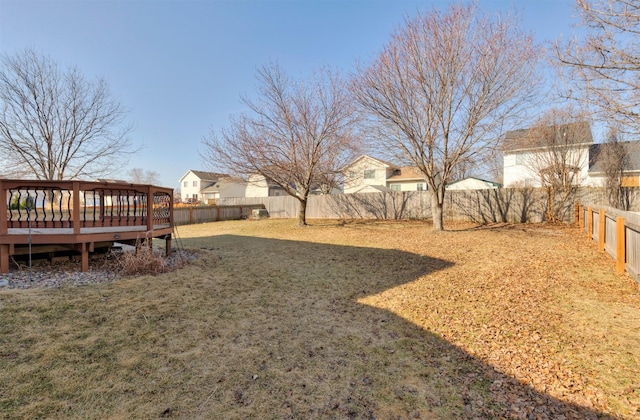 view of yard featuring a wooden deck and a fenced backyard