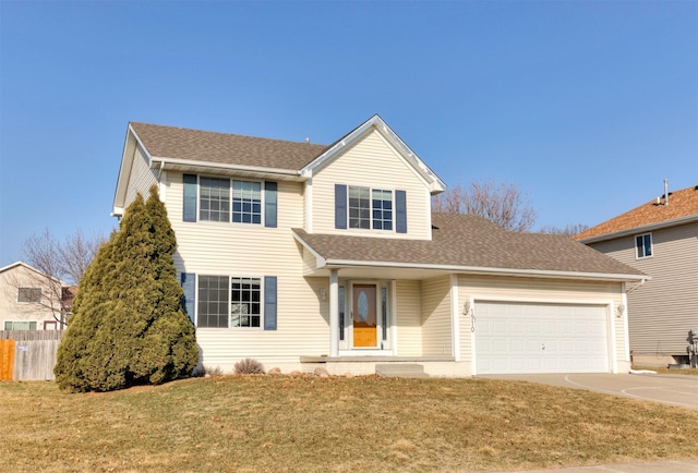 traditional home featuring fence, driveway, roof with shingles, an attached garage, and a front lawn