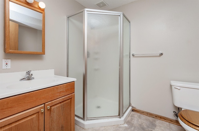 bathroom with tile patterned floors, visible vents, a shower stall, and toilet