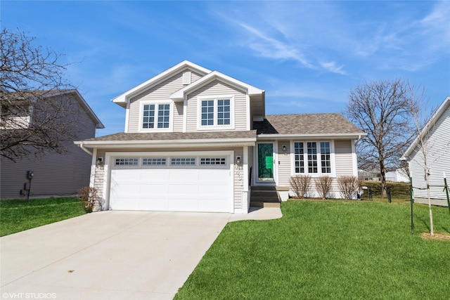 view of front of house with concrete driveway, fence, a front yard, and roof with shingles