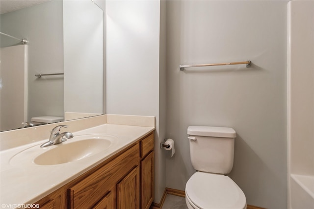 bathroom with a bath, toilet, vanity, and walk in shower