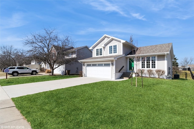 view of front of home with central air condition unit, driveway, roof with shingles, and a front lawn