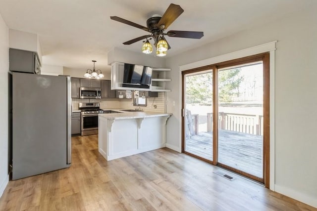 kitchen featuring a peninsula, decorative backsplash, light countertops, appliances with stainless steel finishes, and light wood-type flooring