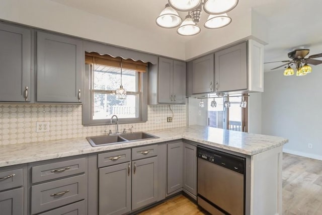 kitchen with a sink, gray cabinets, a peninsula, and stainless steel dishwasher