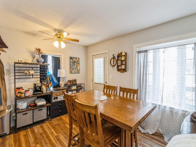 dining space with a healthy amount of sunlight, wood finished floors, and a ceiling fan