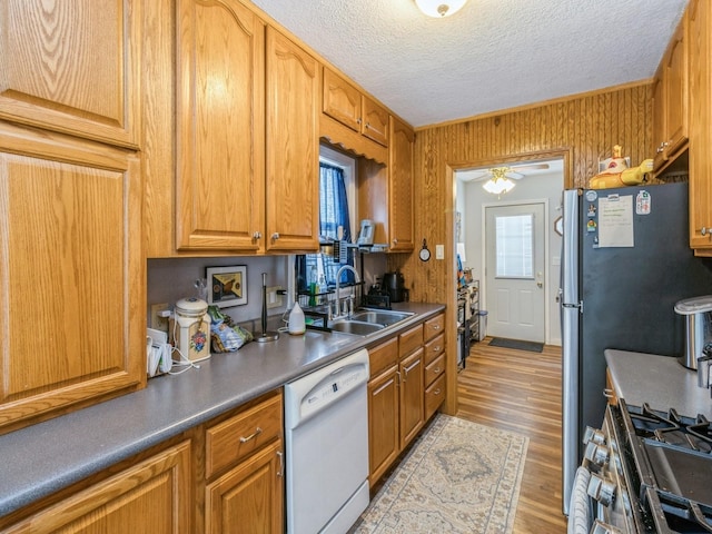 kitchen with ceiling fan, a sink, a textured ceiling, dishwasher, and light wood-type flooring