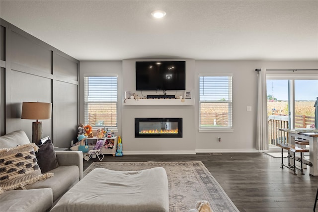 living room with a glass covered fireplace, wood finished floors, and baseboards