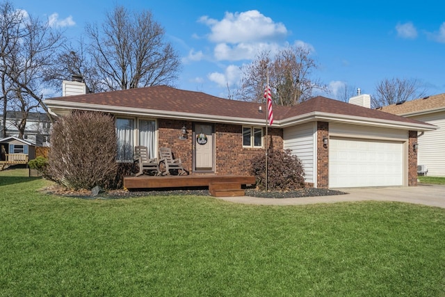 ranch-style house featuring driveway, a chimney, a front lawn, a garage, and brick siding