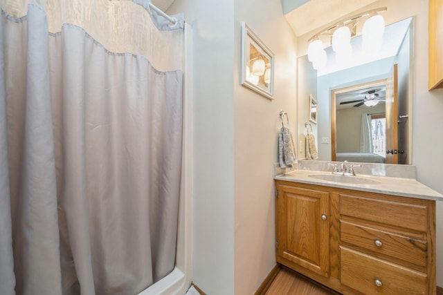 bathroom with curtained shower and vanity