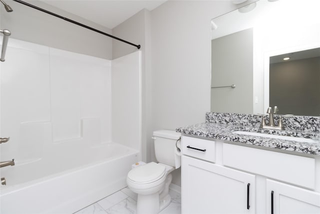 bathroom featuring shower / bath combination, toilet, marble finish floor, and vanity