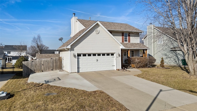 traditional home with driveway, a porch, fence, an attached garage, and a chimney