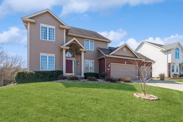 traditional home featuring brick siding, a front lawn, roof with shingles, a garage, and driveway