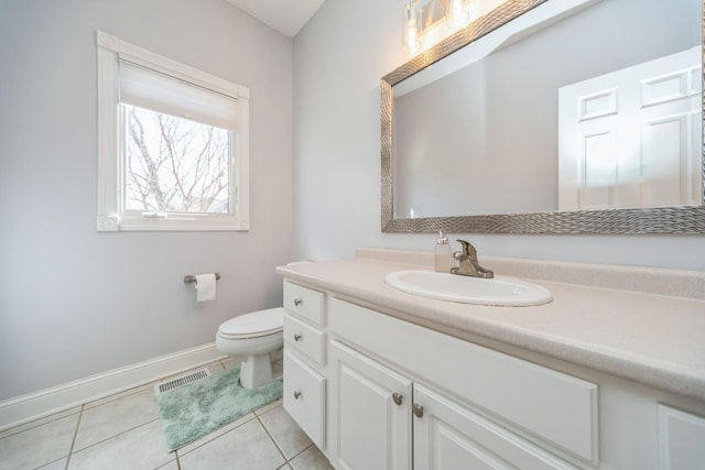 bathroom featuring vanity, baseboards, visible vents, tile patterned floors, and toilet