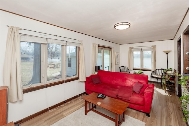 living room featuring wood finished floors and baseboards