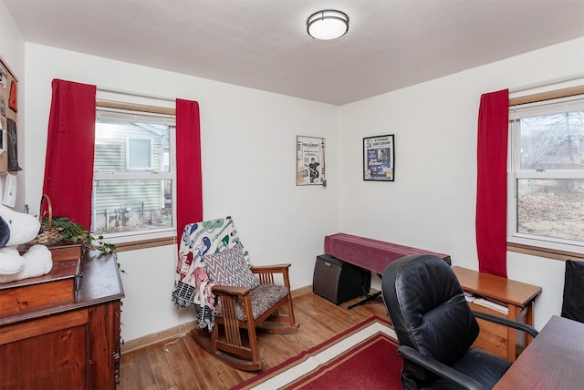 home office with baseboards and wood finished floors