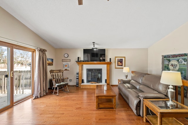 living room featuring a glass covered fireplace, lofted ceiling, and light wood-type flooring