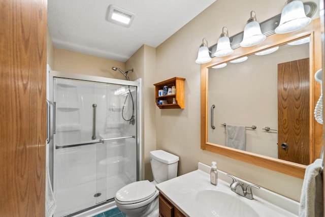 full bath with vanity, a shower stall, toilet, and visible vents