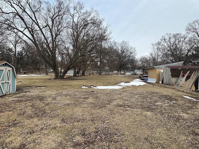 view of yard with an outbuilding and a shed