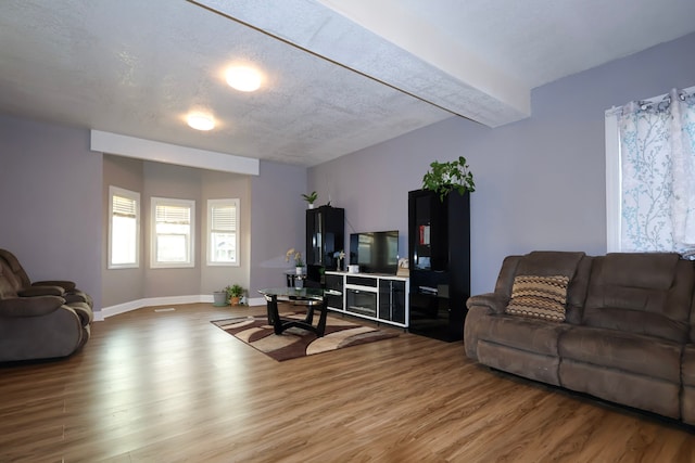 living room featuring baseboards, a textured ceiling, and wood finished floors