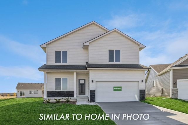136 Creekside Dr, Bondurant, IA 50035 - traditional home featuring stone siding, a garage, concrete driveway, and a front yard