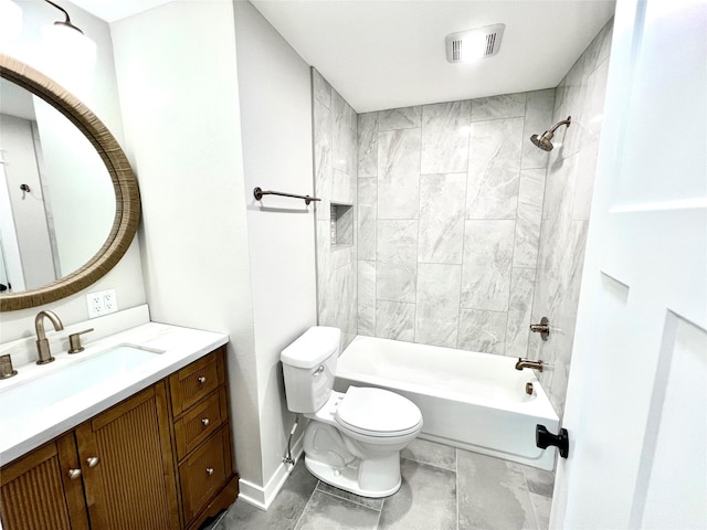 full bathroom featuring bathing tub / shower combination, toilet, baseboards, visible vents, and vanity