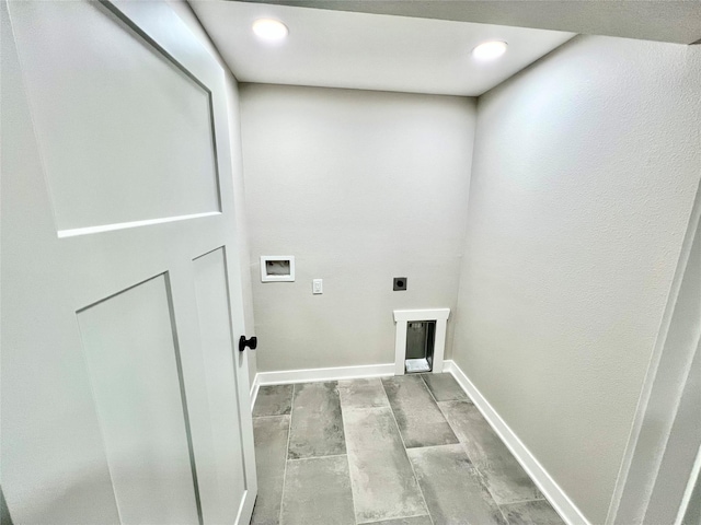 washroom featuring hookup for an electric dryer, baseboards, recessed lighting, washer hookup, and laundry area