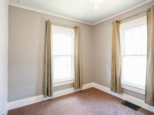 carpeted empty room featuring visible vents, baseboards, and ornamental molding