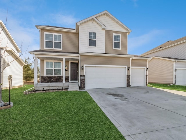 view of front facade featuring a front yard, covered porch, concrete driveway, a garage, and stone siding