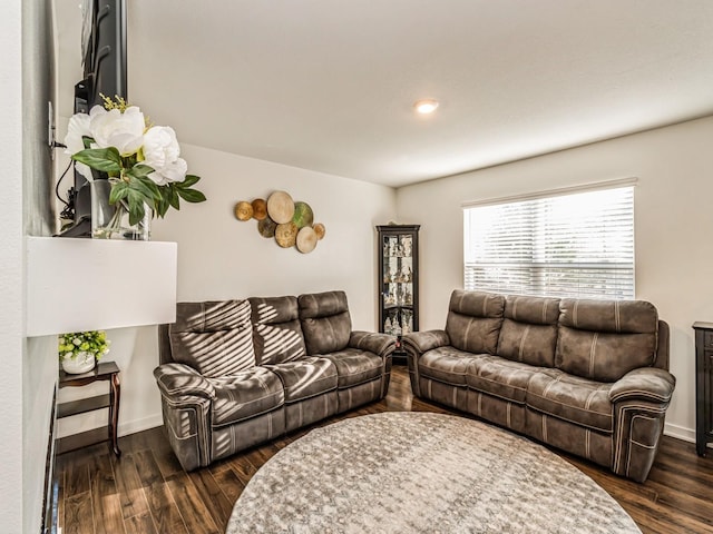 living area with dark wood-style floors and baseboards