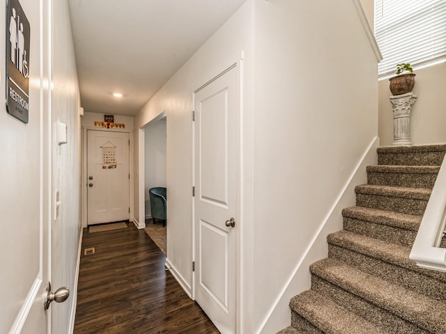 stairs featuring wood finished floors