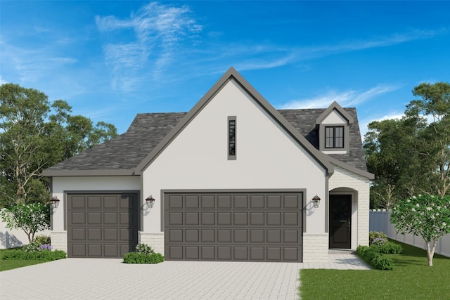 1350 SE Menlo Dr, Waukee, IA 50263 - view of front of house with brick siding, an attached garage, driveway, stucco siding, and roof with shingles