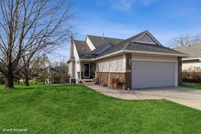 view of front of home featuring brick siding, a front lawn, roof with shingles, driveway, and an attached garage