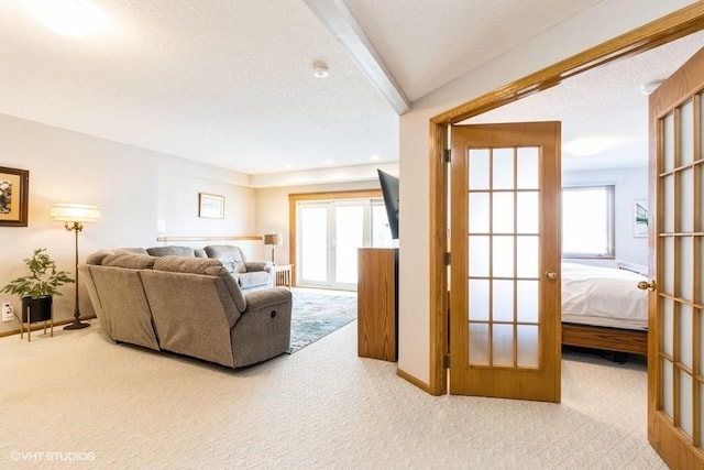 carpeted living room with french doors, a textured ceiling, and baseboards