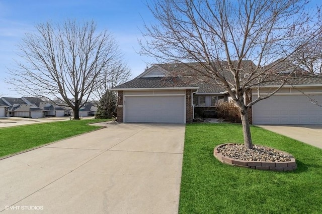 ranch-style home with a front yard, driveway, a shingled roof, a garage, and brick siding