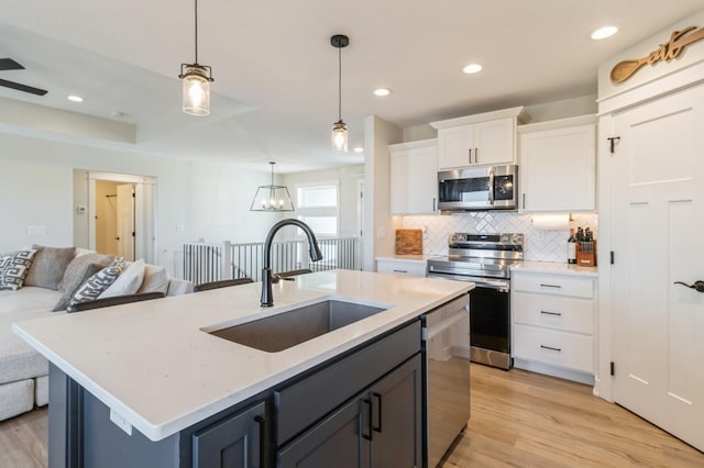 kitchen with appliances with stainless steel finishes, a sink, decorative backsplash, open floor plan, and white cabinets