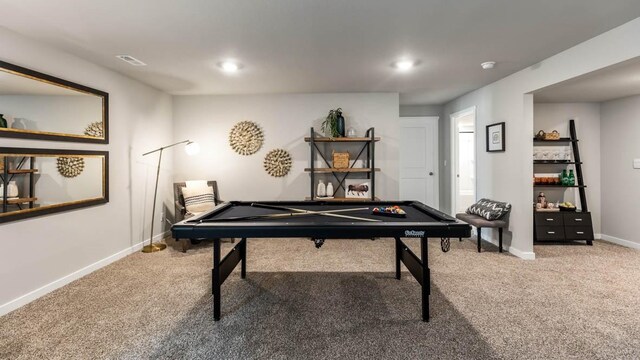 recreation room featuring visible vents, baseboards, pool table, and carpet flooring