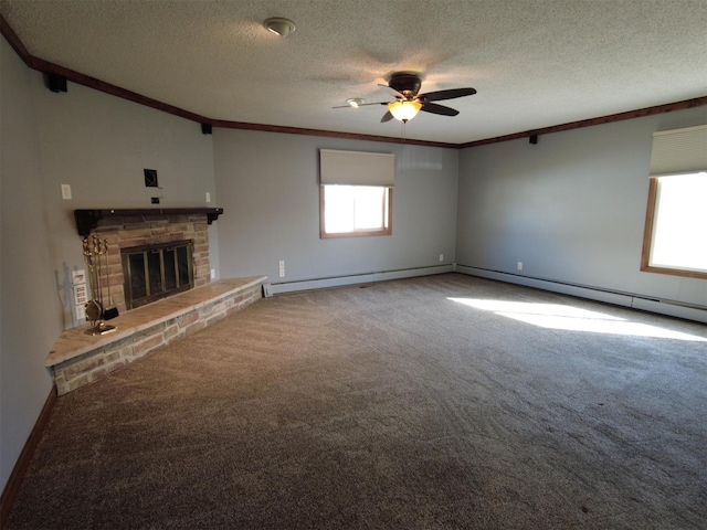 1408 Lincoln St, Gowrie, IA 50543 - unfurnished living room featuring a textured ceiling, a glass covered fireplace, carpet, ceiling fan, and crown molding