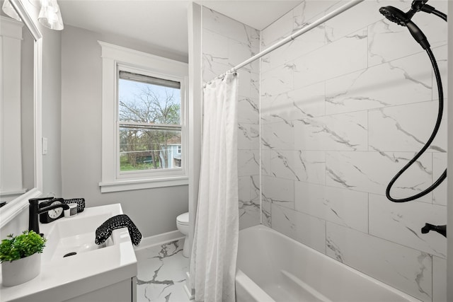 1702 Logan Ave, Des Moines, IA 50316 - full bath with vanity, marble finish floor, toilet, baseboards, and shower / bathtub combination with curtain