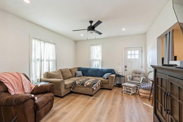 222 W State St, Colfax, IA 50054 - living room with a ceiling fan, light wood-style flooring, and recessed lighting