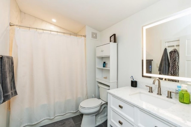 222 W State St, Colfax, IA 50054 - full bath with vanity, vaulted ceiling, shower / tub combo with curtain, and tile patterned flooring