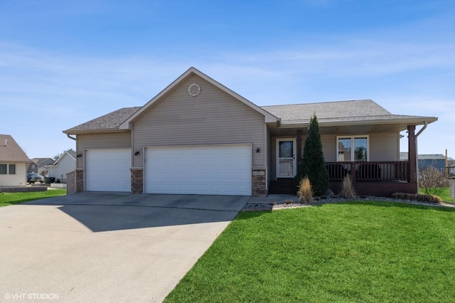 ranch-style house featuring a front yard, driveway, covered porch, stone siding, and a garage