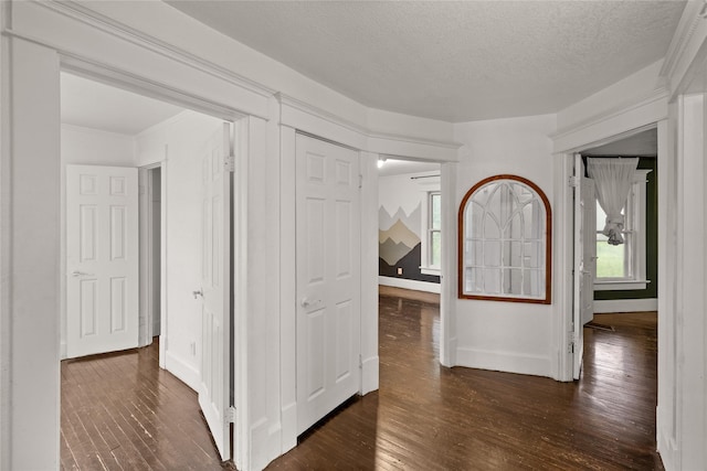 951 24th St, Des Moines, IA 50312 - hallway with dark wood-style flooring, baseboards, and a textured ceiling