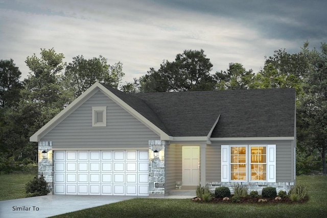 view of front of property featuring a garage, driveway, stone siding, and roof with shingles