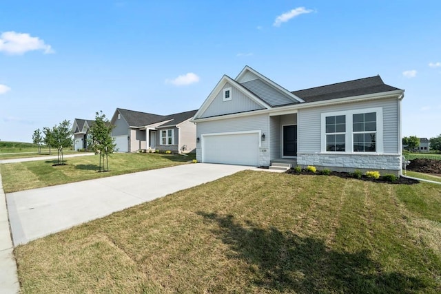 125 NW Rolling Cir, Waukee, IA 50263 - view of front of house with an attached garage, driveway, a front lawn, stone siding, and board and batten siding