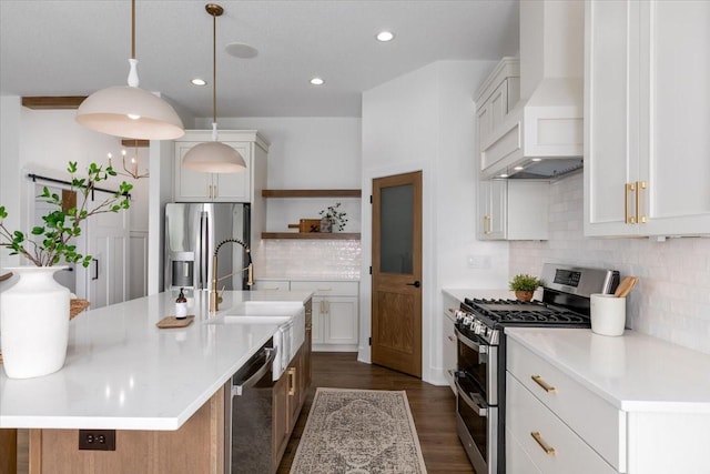 1296 Bee Tree Ln, Ellston, IA 50074 - kitchen featuring appliances with stainless steel finishes, wall chimney exhaust hood, open shelves, a sink, and light countertops